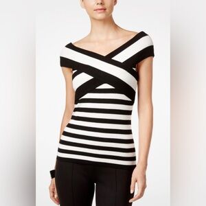 INC Macy’s B/W Top Size S Women’s Striped Off-The-Shoulder